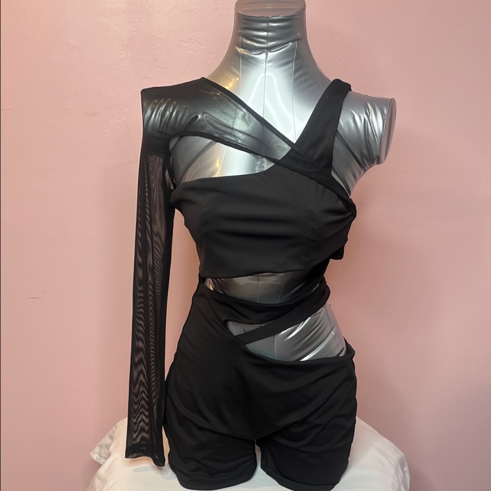 Fashion Nova Black One-Shoulder Mesh Romper